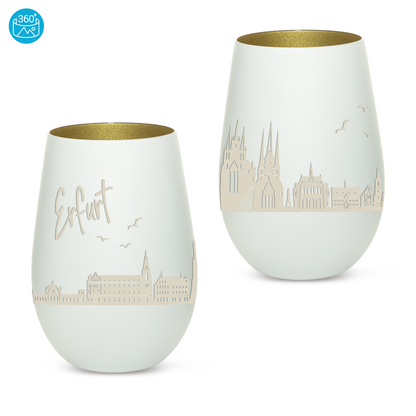 Hochwertiges Glas Windlicht mit Gravur "SKYLINE ERFURT" in der Farbe Weiß/Gold