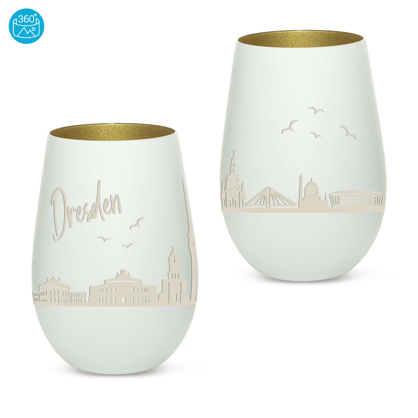 Hochwertiges Glas Windlicht mit Gravur "SKYLINE DRESDEN" in der Farbe Weiß/Gold