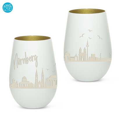 Hochwertiges Glas Windlicht mit Gravur "SKYLINE NÜRNBERG" in der Farbe Weiß/Gold