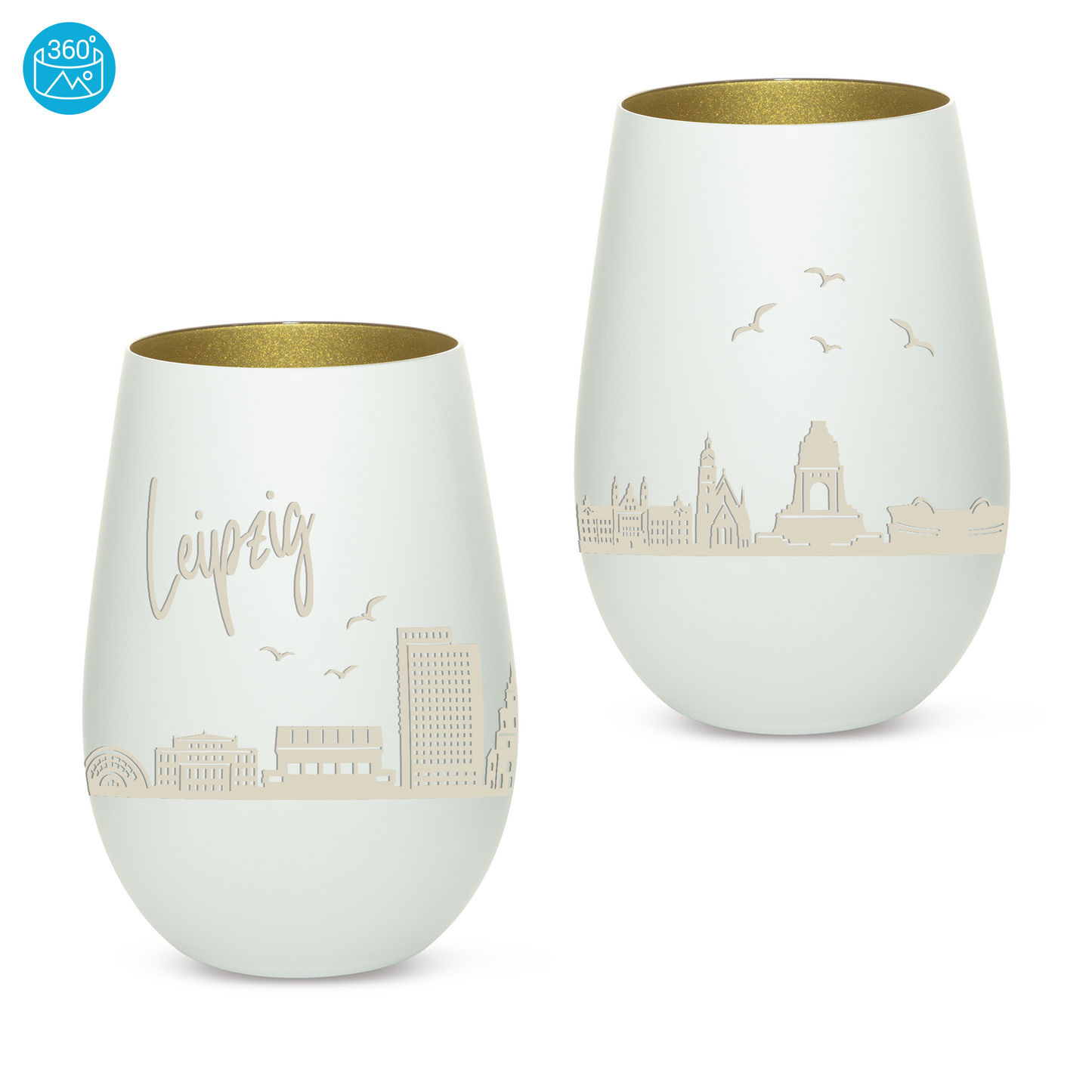 Hochwertiges Glas Windlicht mit Gravur "SKYLINE LEIPZIG" in der Farbe Weiß/Gold