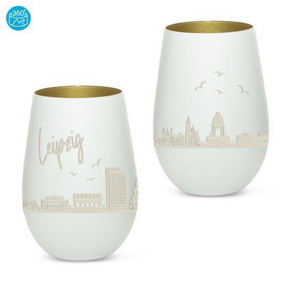 Hochwertiges Glas Windlicht mit Gravur "SKYLINE LEIPZIG" in der Farbe Weiß/Gold