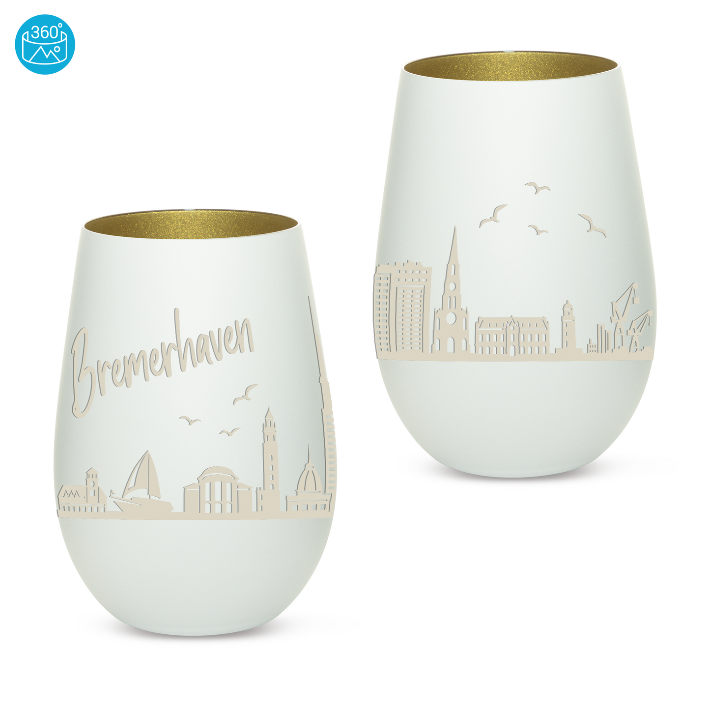 Hochwertiges Glas Windlicht mit Gravur "SKYLINE BREMERHAVEN" in der Farbe Weiß/Gold