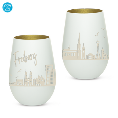 Hochwertiges Glas Windlicht mit Gravur "SKYLINE FREIBURG" in der Farbe Weiß/Gold