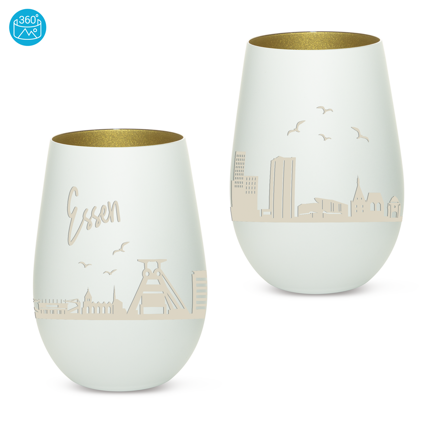 Hochwertiges Glas Windlicht mit Gravur "SKYLINE ESSEN" in der Farbe Weiß/Gold