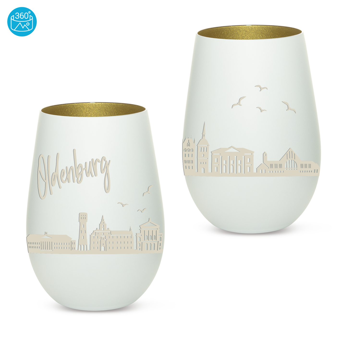 Hochwertiges Glas Windlicht mit Gravur "SKYLINE OLDENBURG" in der Farbe Weiß/Gold