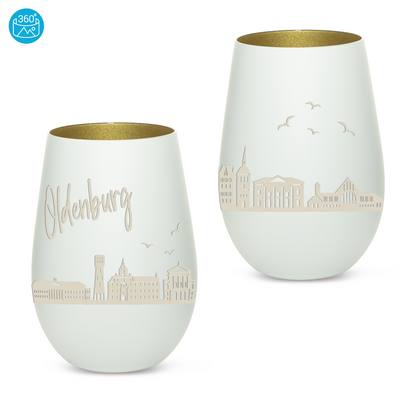 Hochwertiges Glas Windlicht mit Gravur "SKYLINE OLDENBURG" in der Farbe Weiß/Gold