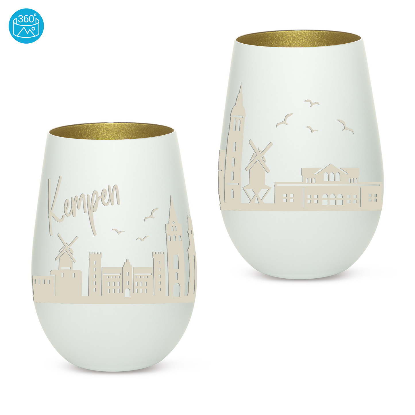 Hochwertiges Glas Windlicht mit Gravur "SKYLINE KEMPEN" in der Farbe Weiß/Gold