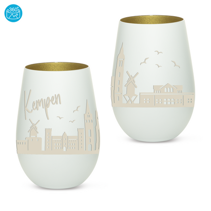 Hochwertiges Glas Windlicht mit Gravur "SKYLINE KEMPEN" in der Farbe Weiß/Gold