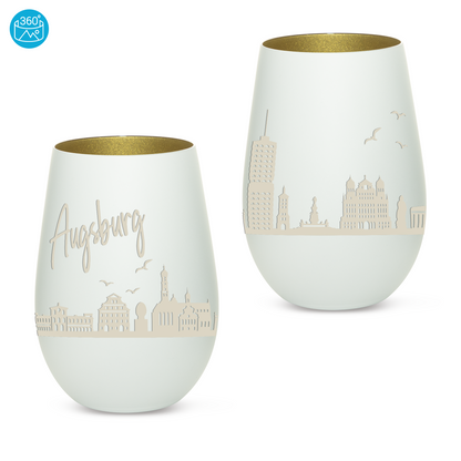 Hochwertiges Glas Windlicht mit Gravur "SKYLINE AUGSBURG" in der Farbe Weiß/Gold
