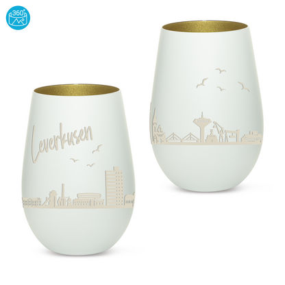 Hochwertiges Glas Windlicht mit Gravur "SKYLINE LEVERKUSEN" in der Farbe Weiß/Gold