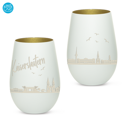 Hochwertiges Glas Windlicht mit Gravur "SKYLINE KAISERSLAUTERN" in der Farbe Weiß/Gold