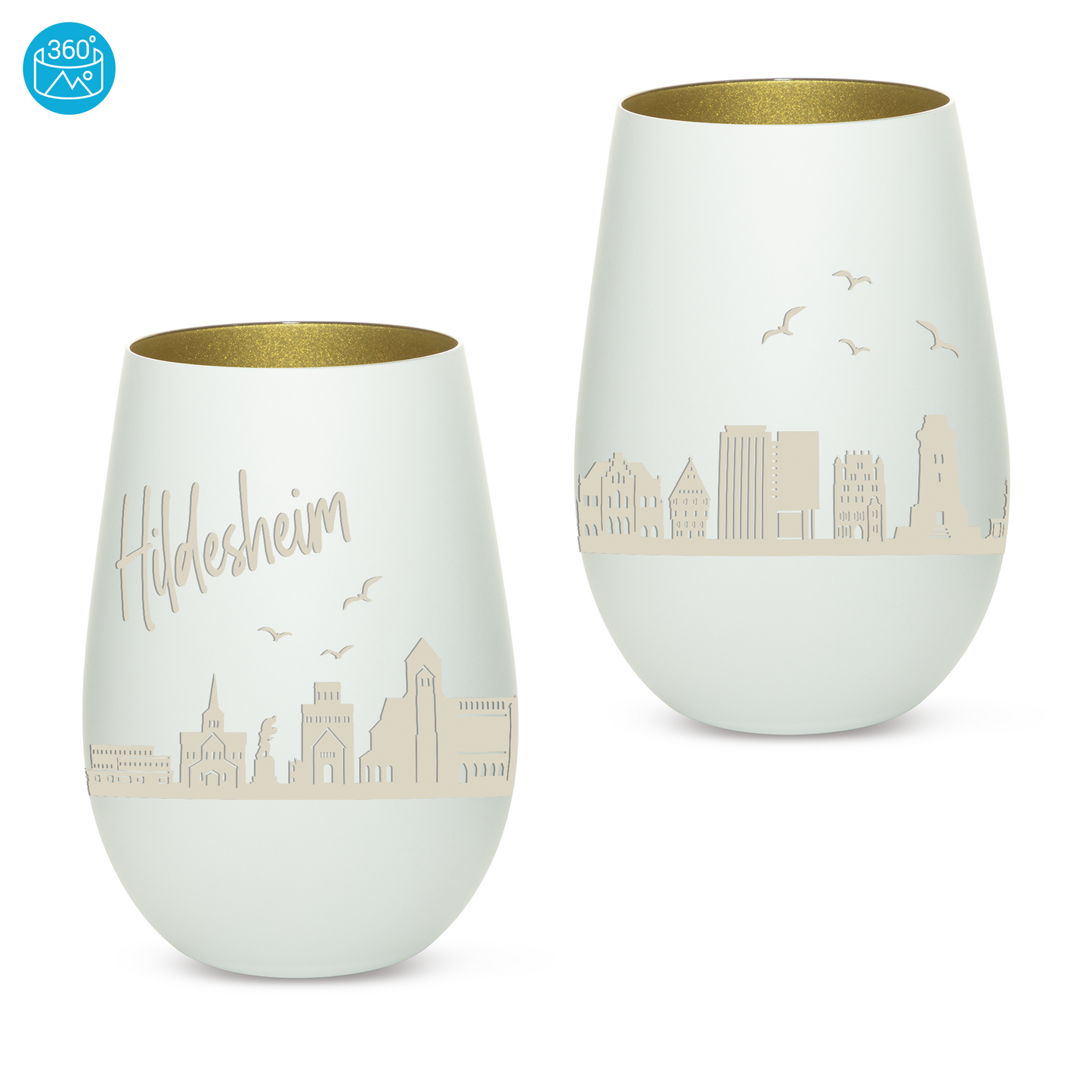 Hochwertiges Glas Windlicht mit Gravur "SKYLINE HILDESHEIM" in der Farbe Weiß/Gold