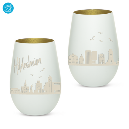 Hochwertiges Glas Windlicht mit Gravur "SKYLINE HILDESHEIM" in der Farbe Weiß/Gold
