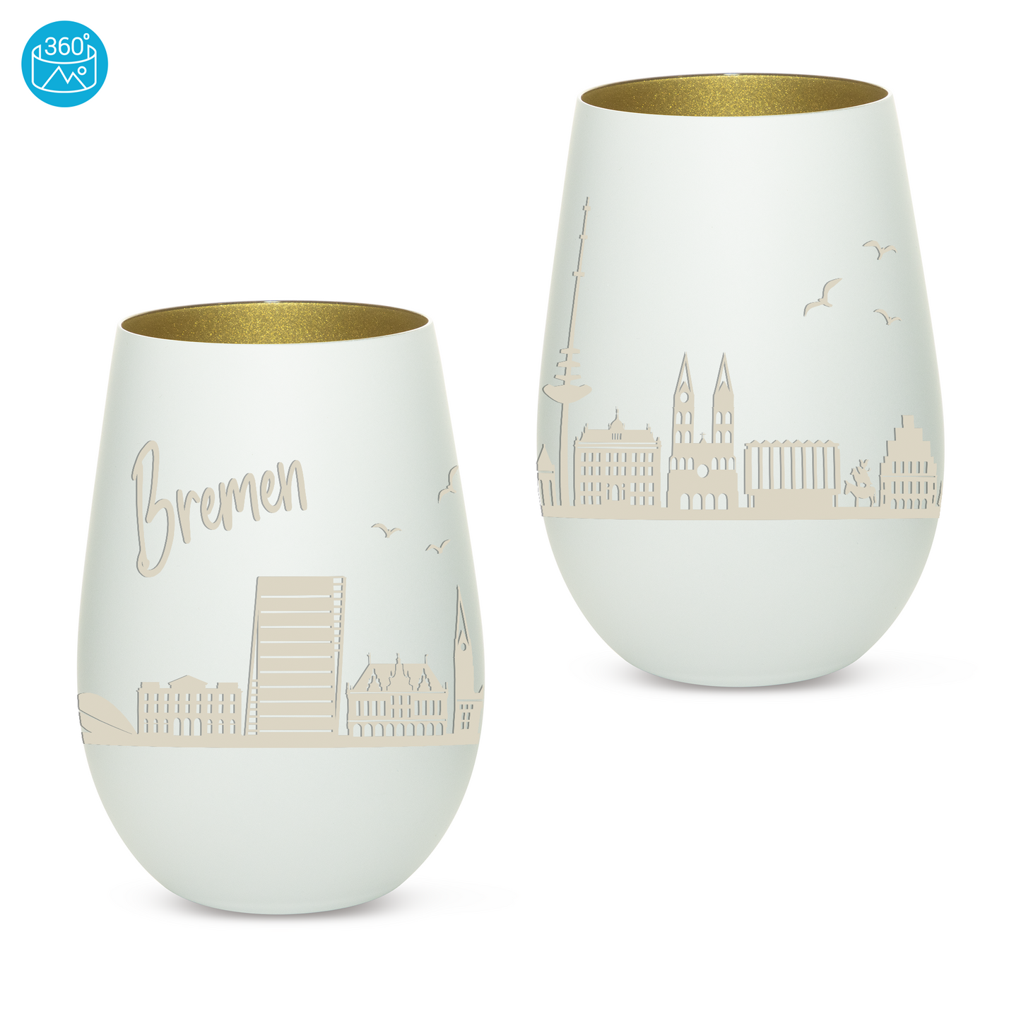 Hochwertiges Glas Windlicht mit Gravur "SKYLINE BREMEN" in der Farbe Weiß/Gold
