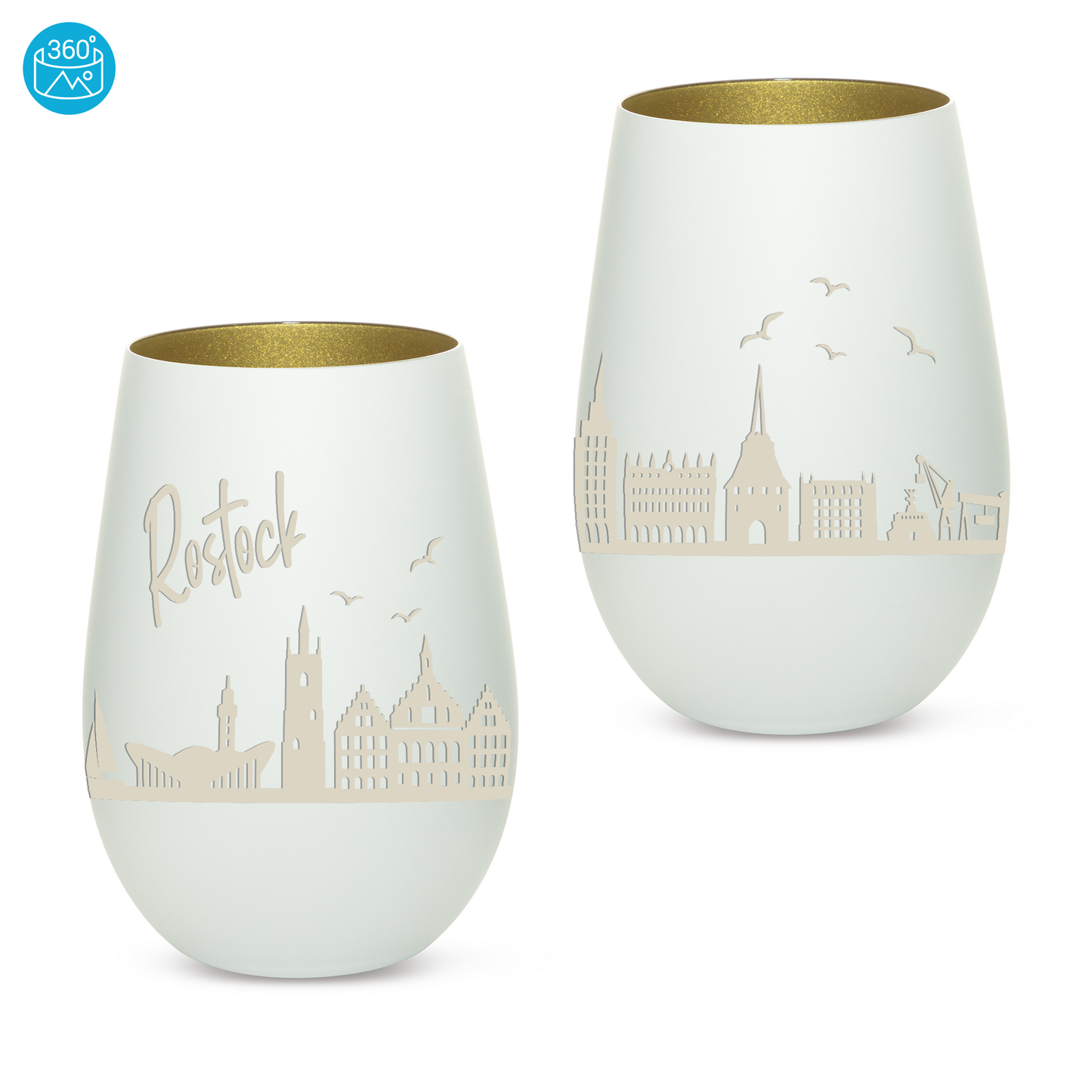 Hochwertiges Glas Windlicht mit Gravur "SKYLINE ROSTOCK" in der Farbe Weiß/Gold