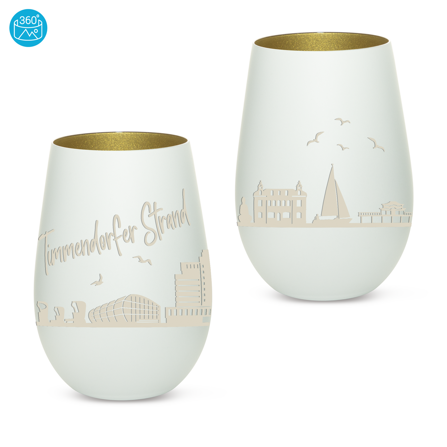 Hochwertiges Glas Windlicht mit Gravur "SKYLINE TIMMENDORFER STRAND" in der Farbe Weiß/Gold