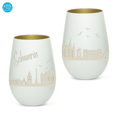 Hochwertiges Glas Windlicht mit Gravur "SKYLINE SCHWERIN" in der Farbe Weiß/Gold