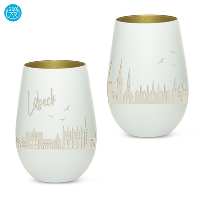 Hochwertiges Glas Windlicht mit Gravur "SKYLINE LÜBECK" in der Farbe Weiß/Gold