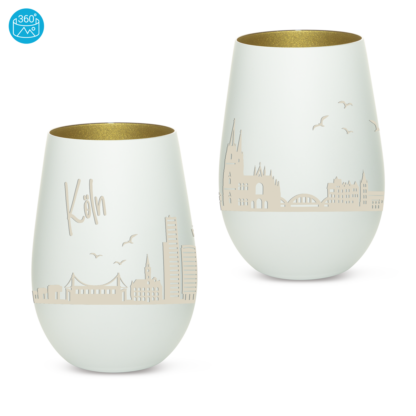 Hochwertiges Glas Windlicht mit Gravur "SKYLINE KÖLN" in der Farbe Weiß/Gold