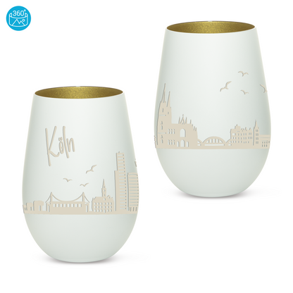 Hochwertiges Glas Windlicht mit Gravur "SKYLINE KÖLN" in der Farbe Weiß/Gold
