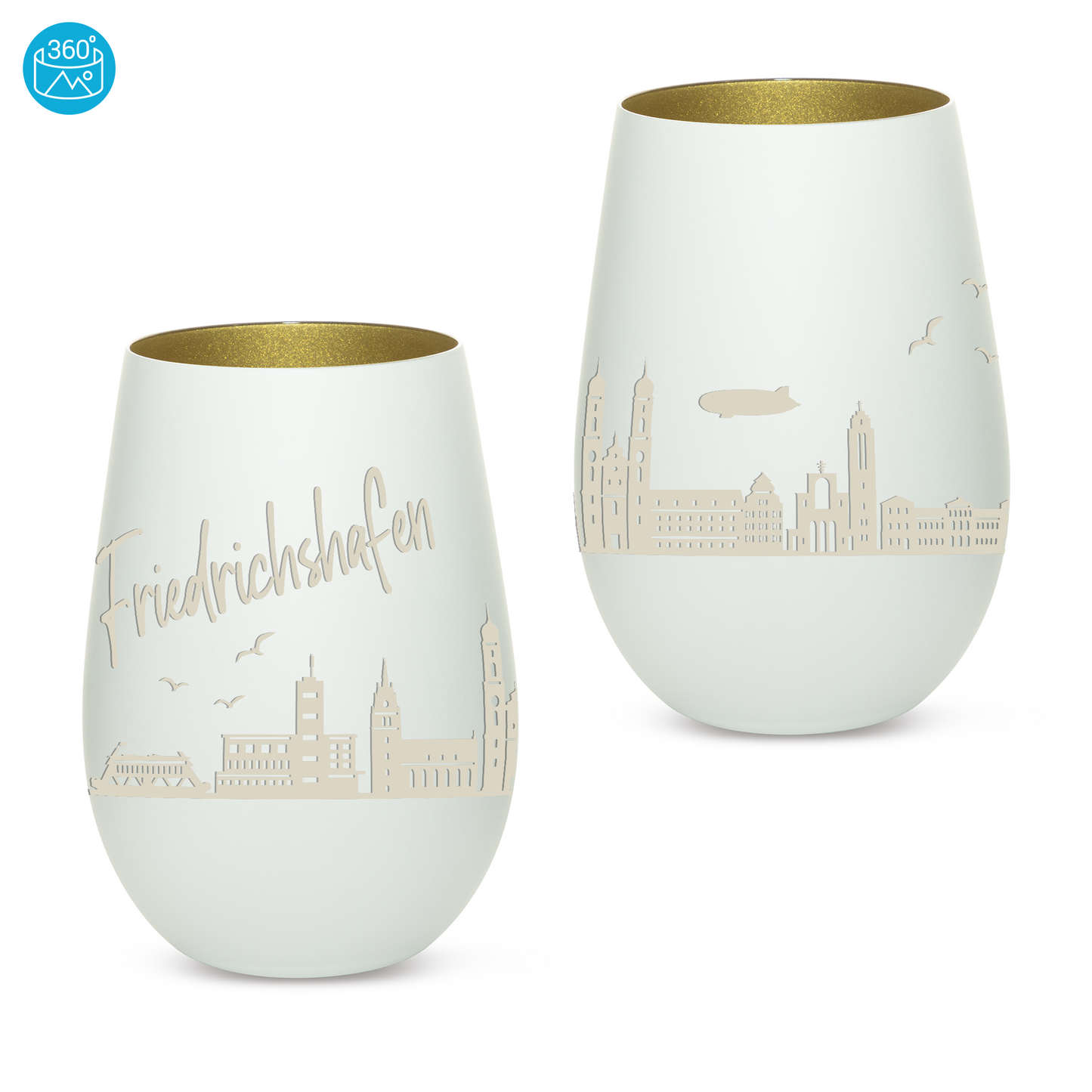 Hochwertiges Glas Windlicht mit Gravur "SKYLINE FRIEDRICHSHAFEN" in der Farbe Weiß/Gold