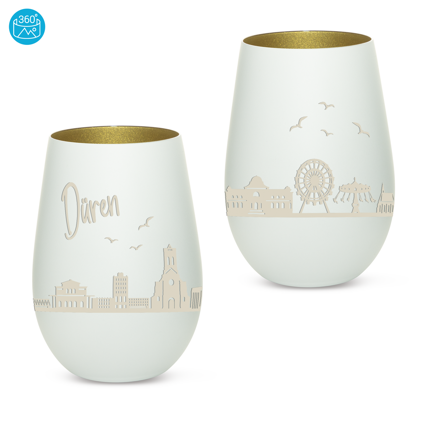 Hochwertiges Glas Windlicht mit Gravur "SKYLINE DÜREN" in der Farbe Weiß/Gold