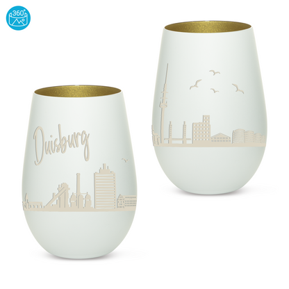 Hochwertiges Glas Windlicht mit Gravur "SKYLINE DUISBURG" in der Farbe Weiß/Gold