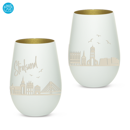 Hochwertiges Glas Windlicht mit Gravur "SKYLINE STRALSUND" in der Farbe Weiß/Gold