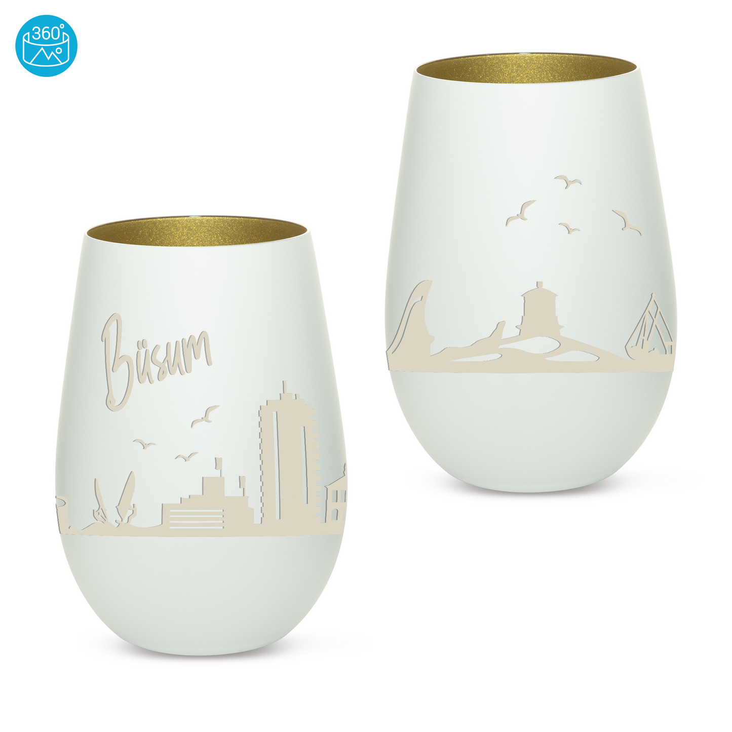 Hochwertiges Glas Windlicht mit Gravur "SKYLINE BÜSUM" in der Farbe Weiß/Gold
