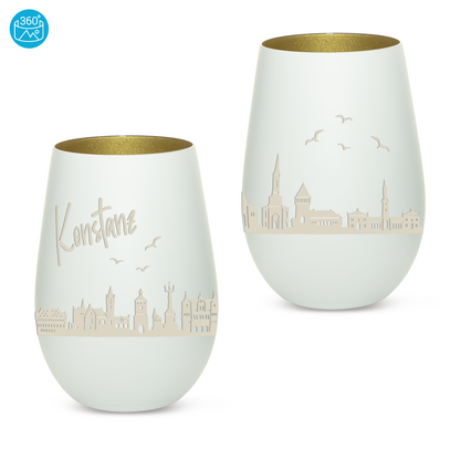 Hochwertiges Glas Windlicht mit Gravur "SKYLINE KONSTANZ" in der Farbe Weiß/Gold