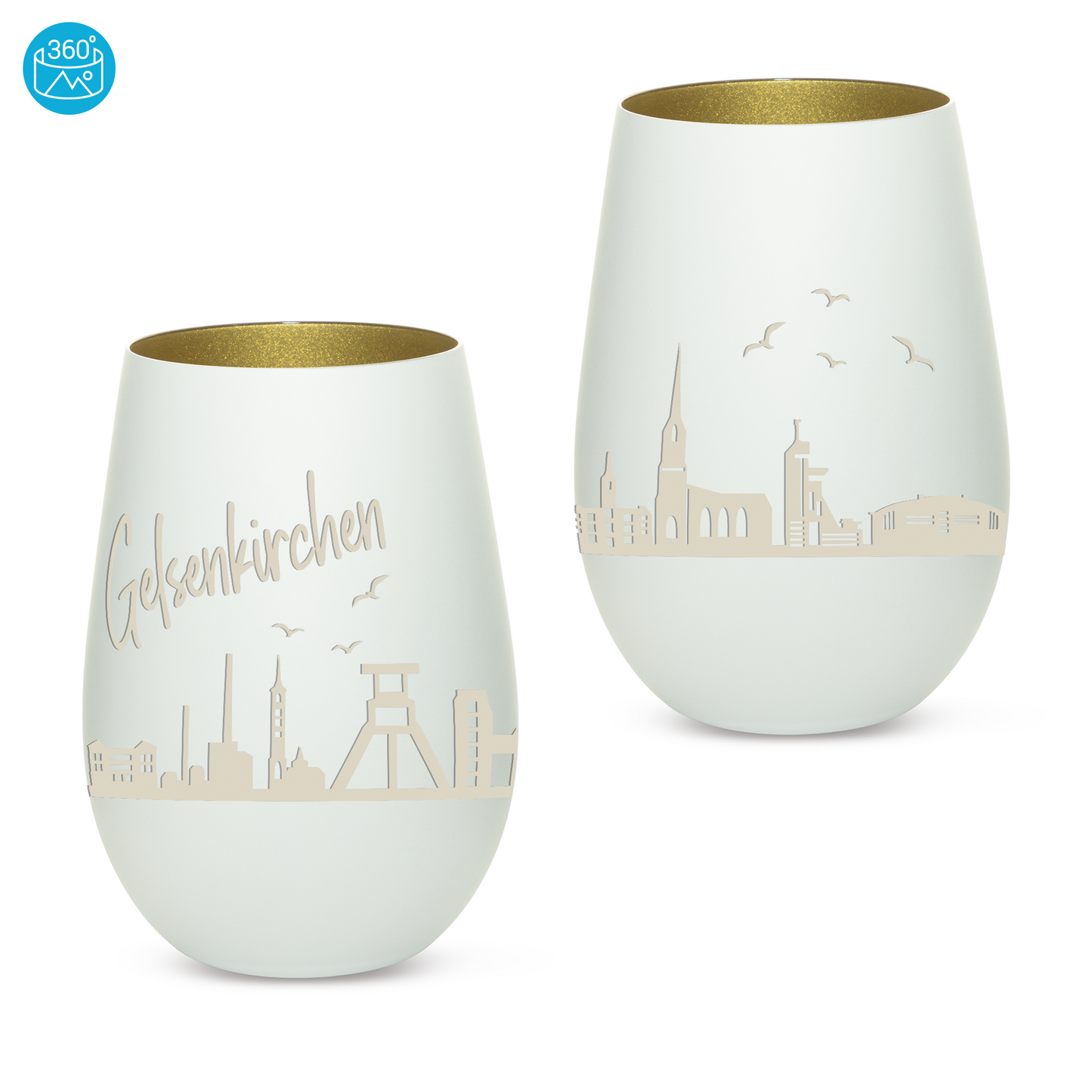 Hochwertiges Glas Windlicht mit Gravur "SKYLINE GELSENKIRCHEN" in der Farbe Weiß/Gold
