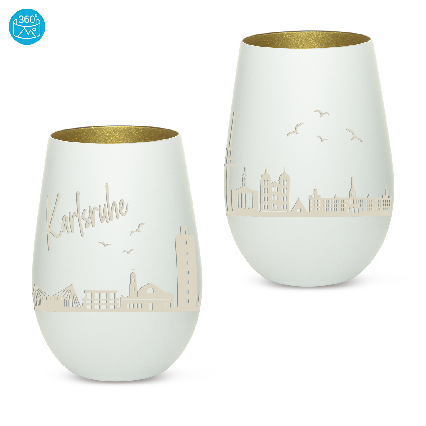 Hochwertiges Glas Windlicht mit Gravur "SKYLINE KARLSRUHE" in der Farbe Weiß/Gold