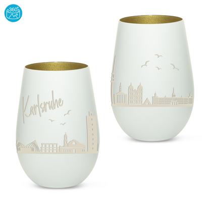 Hochwertiges Glas Windlicht mit Gravur "SKYLINE KARLSRUHE" in der Farbe Weiß/Gold