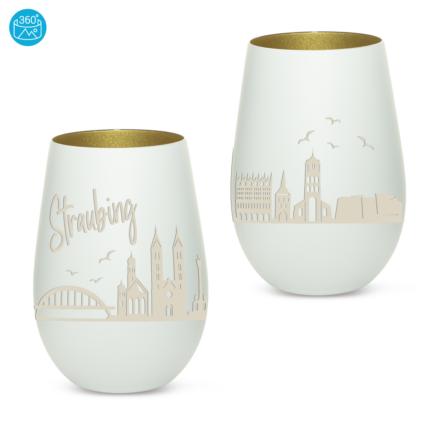 Hochwertiges Glas Windlicht mit Gravur "SKYLINE STRAUBING" in der Farbe Weiß/Gold