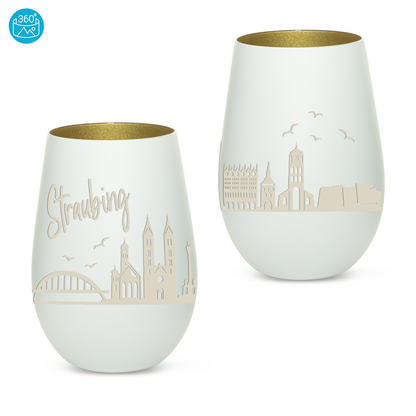 Hochwertiges Glas Windlicht mit Gravur "SKYLINE STRAUBING" in der Farbe Weiß/Gold