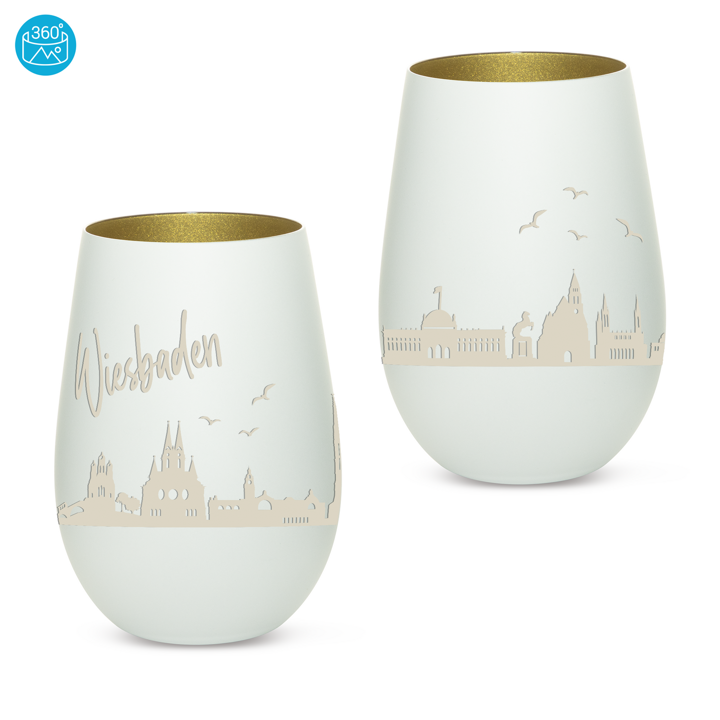 Hochwertiges Glas Windlicht mit Gravur "SKYLINE WIESBADEN" in der Farbe Weiß/Gold