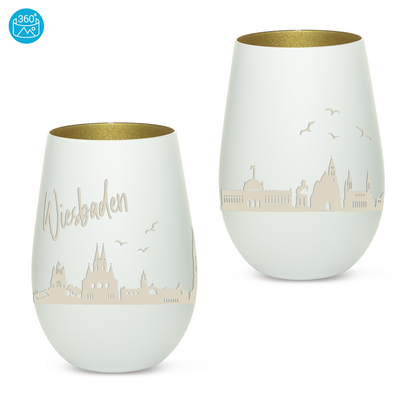 Hochwertiges Glas Windlicht mit Gravur "SKYLINE WIESBADEN" in der Farbe Weiß/Gold