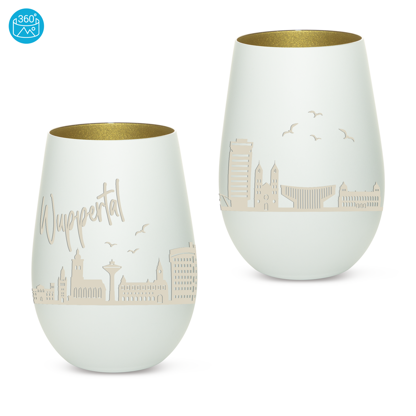 Hochwertiges Glas Windlicht mit Gravur "SKYLINE WUPPERTAL" in der Farbe Weiß/Gold