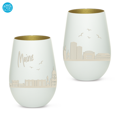 Hochwertiges Glas Windlicht mit Gravur "SKYLINE MAINZ" in der Farbe Weiß/Gold