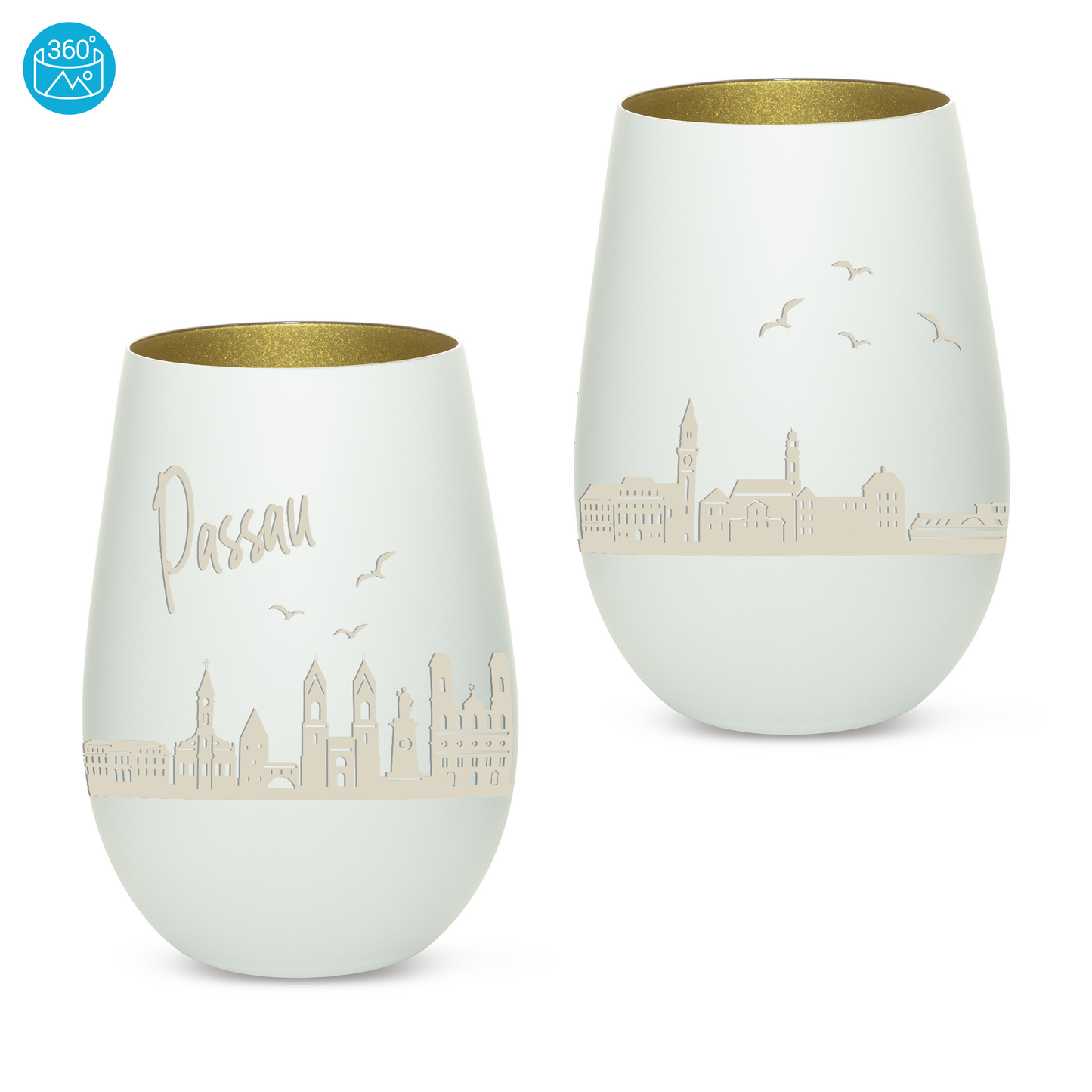 Hochwertiges Glas Windlicht mit Gravur "SKYLINE PASSAU" in der Farbe Weiß/Gold