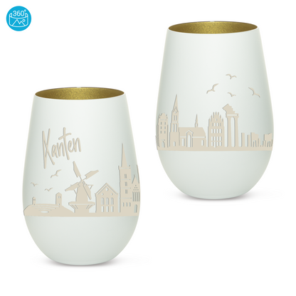 Hochwertiges Glas Windlicht mit Gravur "SKYLINE XANTEN" in der Farbe Weiß/Gold
