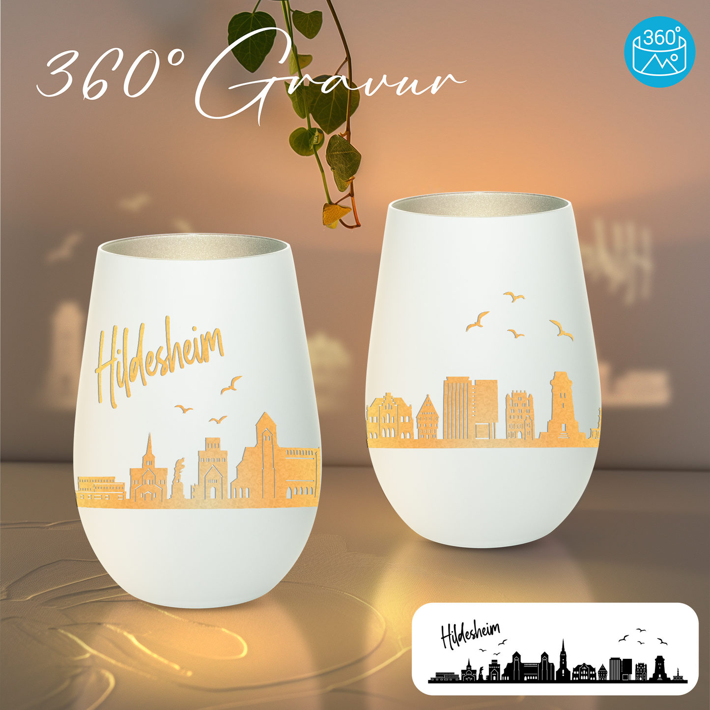Hochwertiges Glas Windlicht mit Gravur "SKYLINE HILDESHEIM" in der Farbe Weiß/Silber