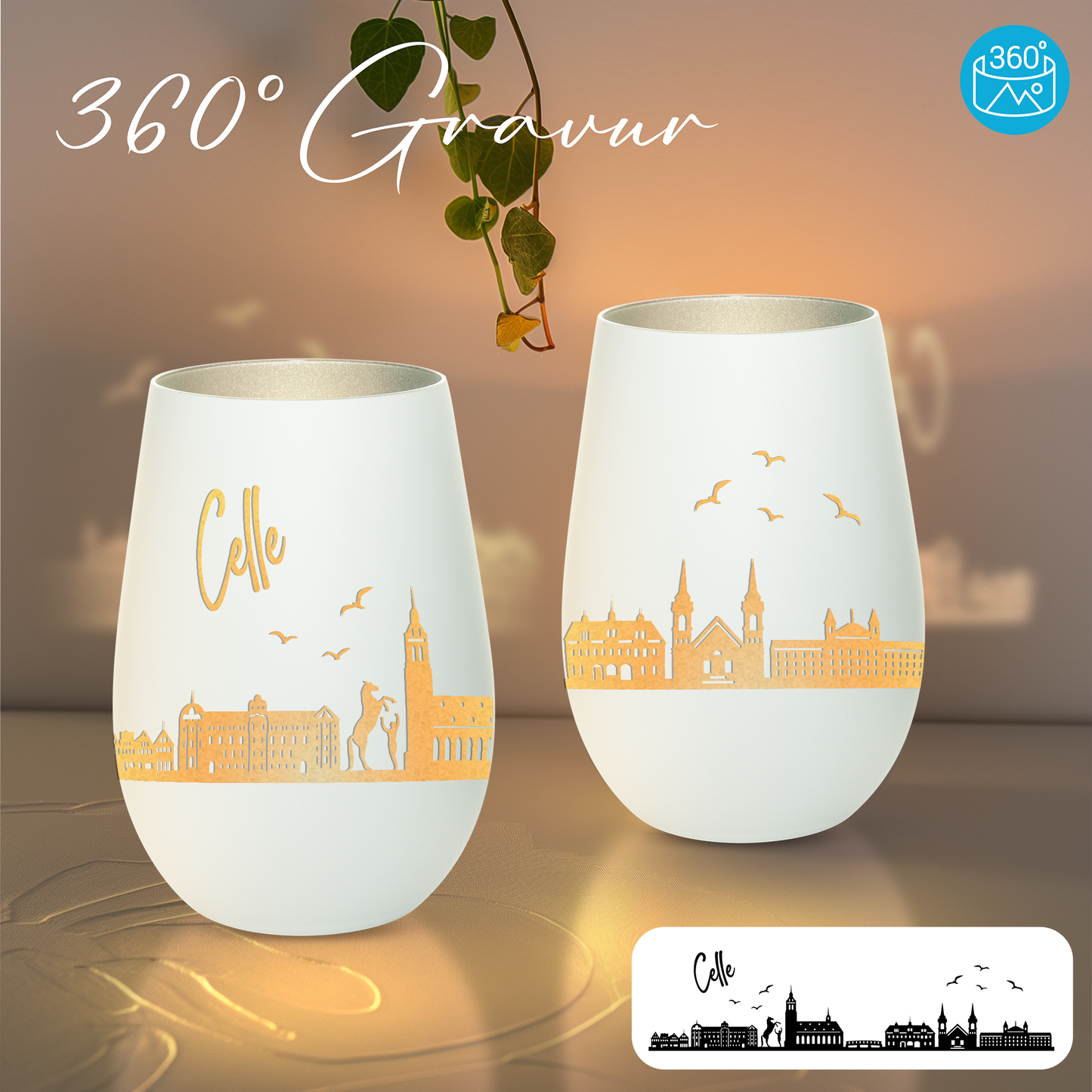 Hochwertiges Glas Windlicht mit Gravur "SKYLINE CELLE" in der Farbe Weiß/Silber
