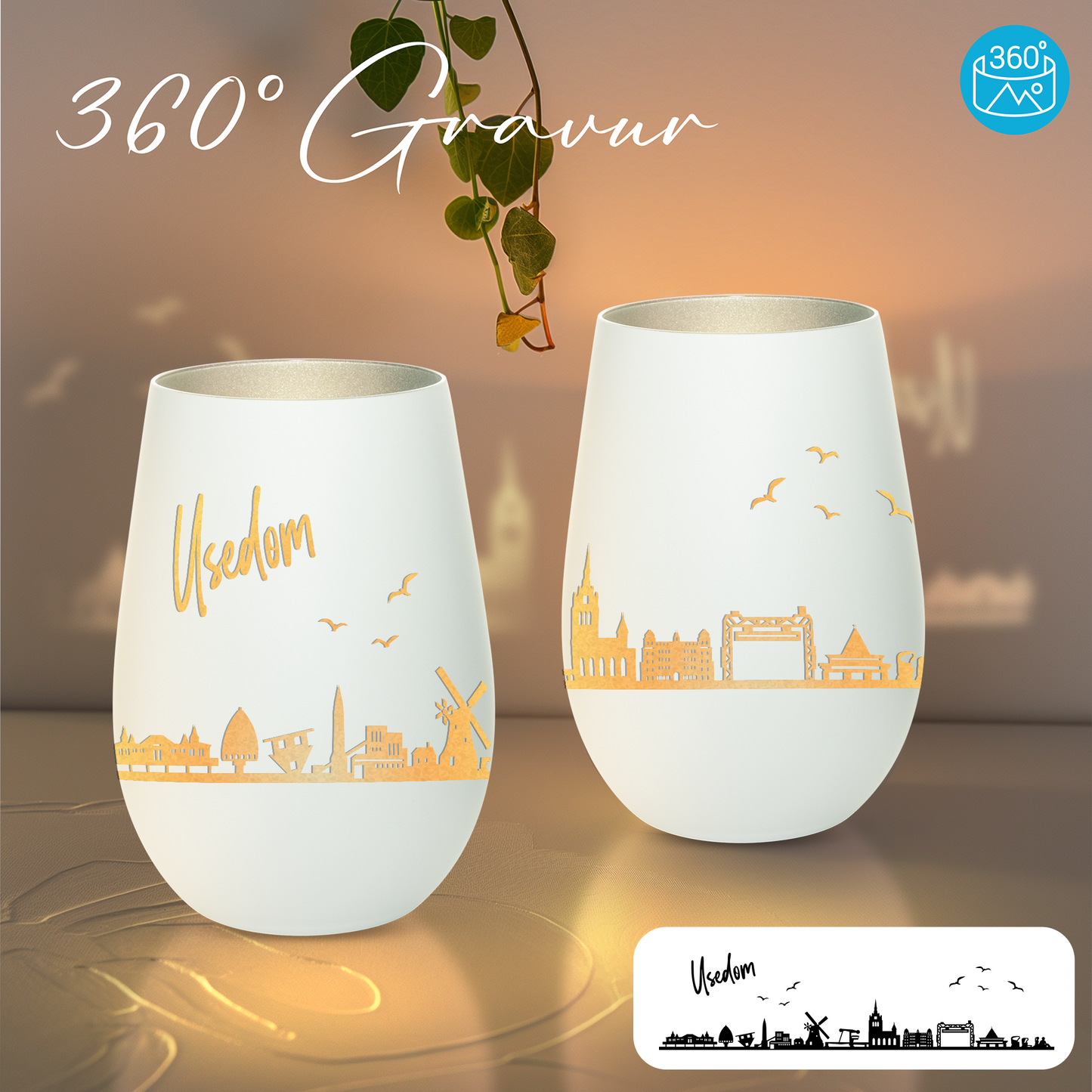 Hochwertiges Glas Windlicht mit Gravur "SKYLINE USEDOM" in der Farbe Weiß/Silber