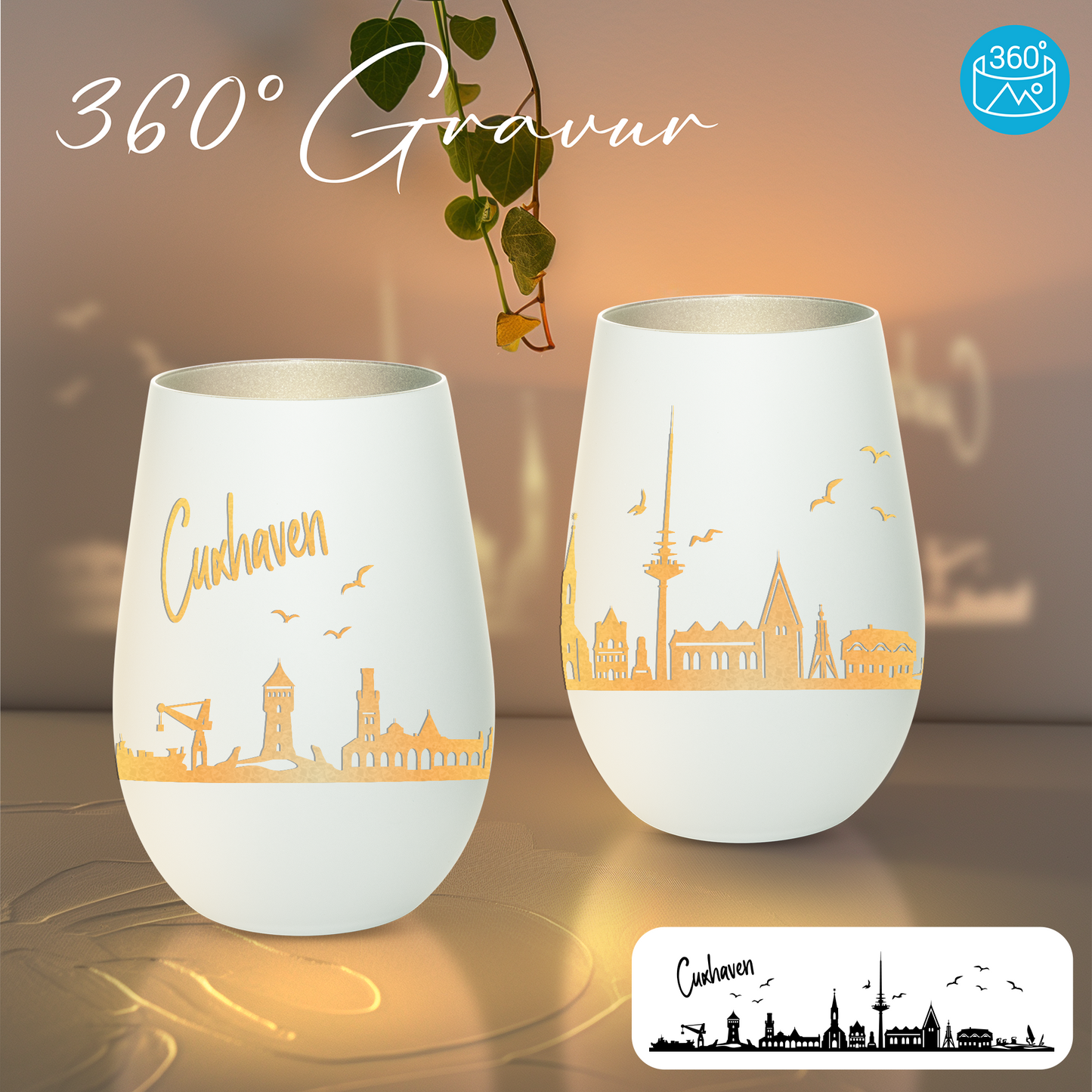 Hochwertiges Glas Windlicht mit Gravur "SKYLINE CUXHAVEN" in der Farbe Weiß/Silber