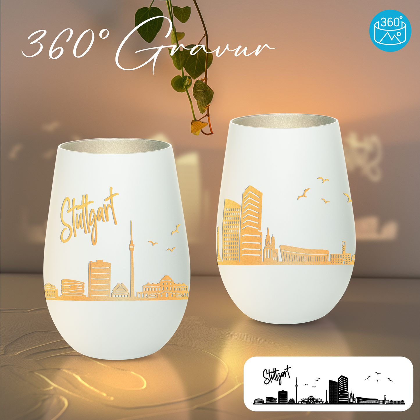 Hochwertiges Glas Windlicht mit Gravur "SKYLINE STUTTGART" in der Farbe Weiß/Silber