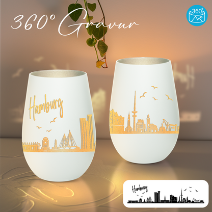 Hochwertiges Glas Windlicht mit Gravur "SKYLINE HAMBURG" in der Farbe Weiß/Silber