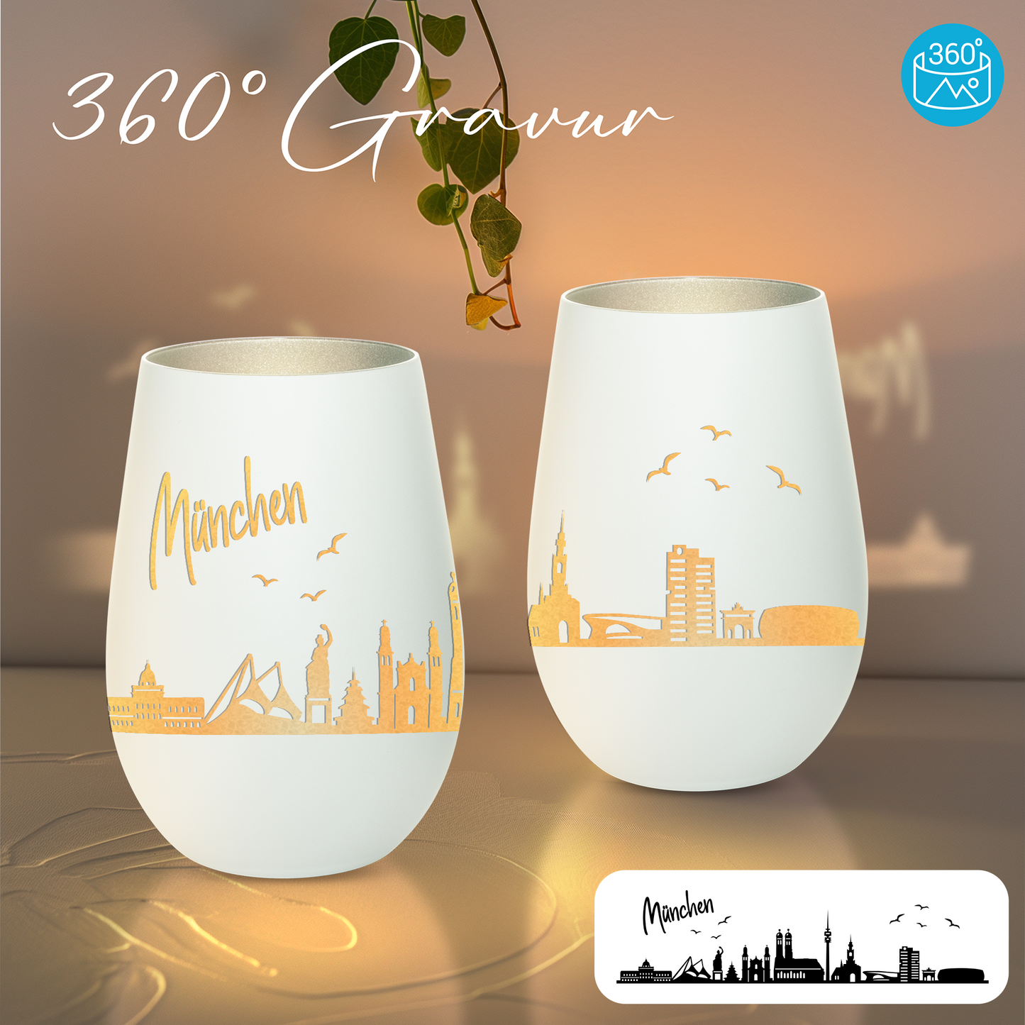 Hochwertiges Glas Windlicht mit Gravur "SKYLINE MÜNCHEN" in der Farbe Weiß/Silber