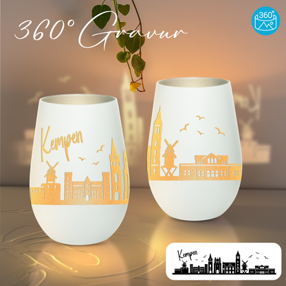 Hochwertiges Glas Windlicht mit Gravur "SKYLINE KEMPEN" in der Farbe Weiß/Silber