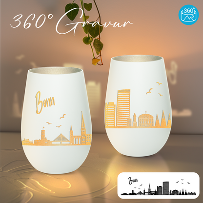 Hochwertiges Glas Windlicht mit Gravur "SKYLINE BONN" in der Farbe Weiß/Silber